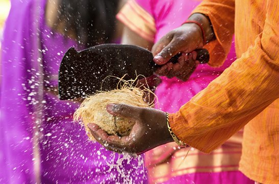 Ein Mann giesst Wasser über eine Kokosnuss in Mauritius.