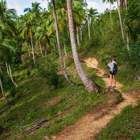 Eine Person geht auf einem Pfad durch den Dschungel in der Dominikanischen Republik.