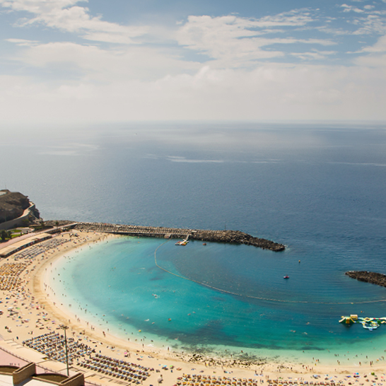 Une plage animée et bondée à Grande Canarie, Playa de Amadores, bordée d'eaux cristallines et de palmiers.
