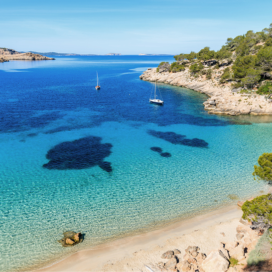 Kristallklares türkisfarbenes Wasser in einer kleinen Bucht von Cala Salada, mit zwei Segelbooten im ruhigen Meer und von Pinien bewachsenen Felsen am Ufer.