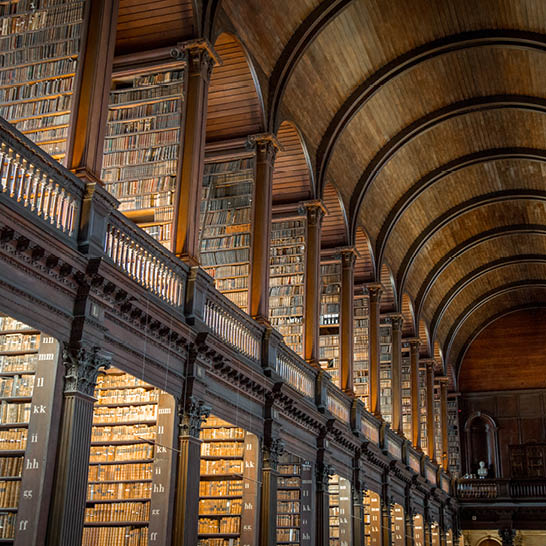 Historische Bibliothek im Trinity College Dublin mit hohen Holzregalen und gewölbter Decke.