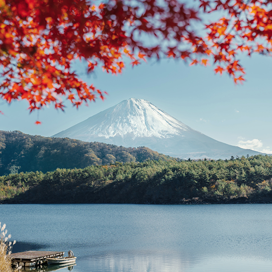 Mont Fuji au Japon, entouré de feuillage automnal coloré sous un ciel bleu clair.