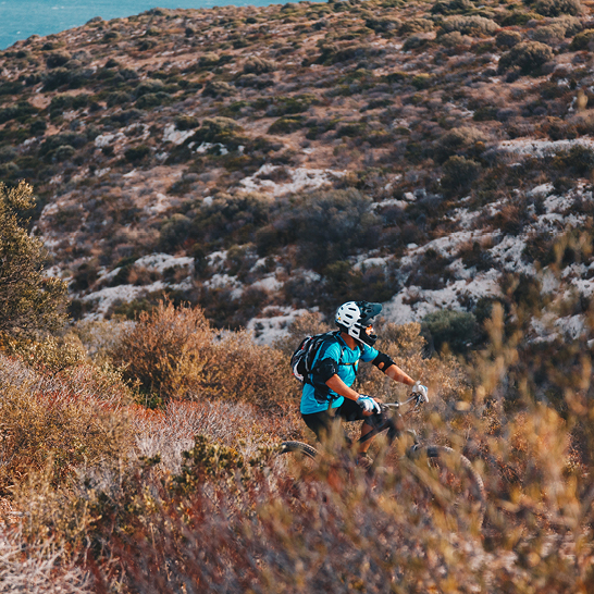 Eine Person fährt mit dem Mountainbike auf einem Trail in Sardinien, umgeben von grüner Natur und Bergen.