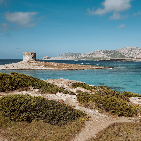 Kleine Insel mit einem Schloss, umgeben von klarem Wasser, in Stintino, Italien.